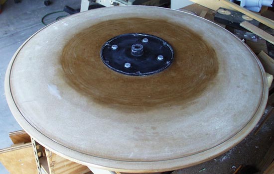  I started turning the outside of the shield first. The MDF weighed about 20 lbs. I spun it by hand to get it going to take stress off the motor but once it got going at top speed (of the lathe’s lowest setting) the weight made the ENTIRE LATHE wobbl