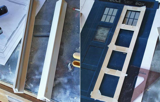  To keep the rough grain look, I decided to use 3/16″ Basswood. I inserted a strip of MDF for strength. The panel frames were cut out of 3/32″ strips and glued together using a MDF jig to keep them all the same. 