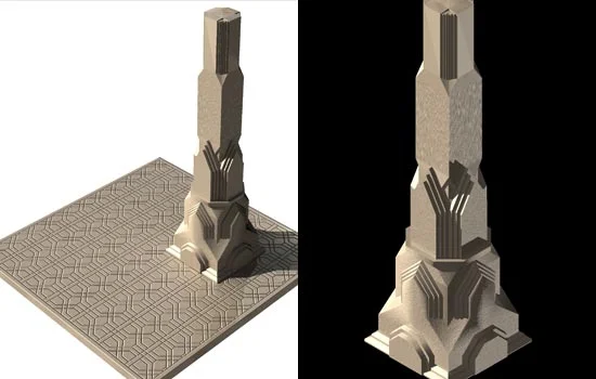 I did my 3D prototyping in Strata3D, basing the details on the info I could get from screen captures. The column is smaller than it should be in relation to the toy but it looks better at this size.