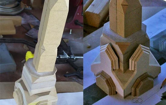 I cut off the upper corners using the table saw. I used various thickness of basswood to make the panels on the base. The thick, darker panels on the bottom are 1/4″ MDF.