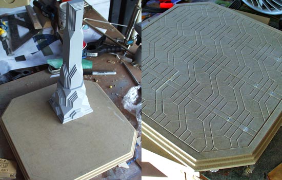  The base was cut from 3/4″ MDF with steps carved with a router. The tile design was transferred to the board by placing the laser print face down, brushing lacquer thinner on the paper and then rubbing the back of the paper. The thinner softens the 