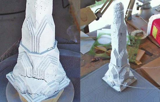 I mixed up some concrete and poured it into the mold. The first result had some nice detail as well as some nice crumbly, damaged-looking areas. I got some cool cracks at the base and interesting pits. While the concrete was still drying, I roughed up the top to look like the top had broken off. The upper part looks deformed but it must be the angle that I shot this…it looks better in person.