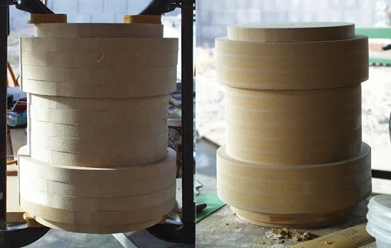 I wanted to make a wearable version of the Hand so I scaled the plans appropriately…maybe a bit bigger than the original just to accent the outrageous size. I laminated a bunch of 3/4″ MDF discs together to form the forearm, all hollowed out EXCEPT for the ends.