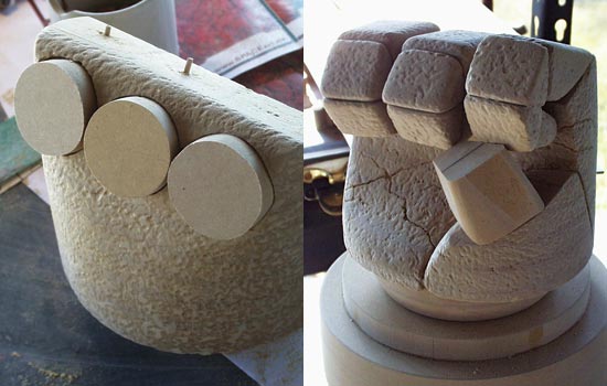  Texture added to the hand. With the hand texture done, it was time to tackle the disk-shaped knuckle plates. Since the back of the hand is rounded, I had to cut holes for the disks to sit into. 