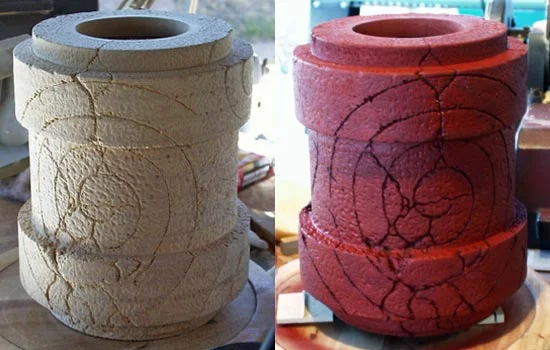 Forearm textured over several DAYS. After texturing, I sealed the MDF with a Sanding Sealer and then applied a rust red automotive Filler Primer.