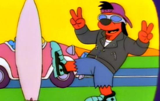  The name’s Poochie D,  And I rock the telly.  I’m half Joe Camel,  And a third Fonzarelli.  I’m the kung fu hippie,  From gangsta city.  I’m a rappin’ surfer,  You the fool I pity! 