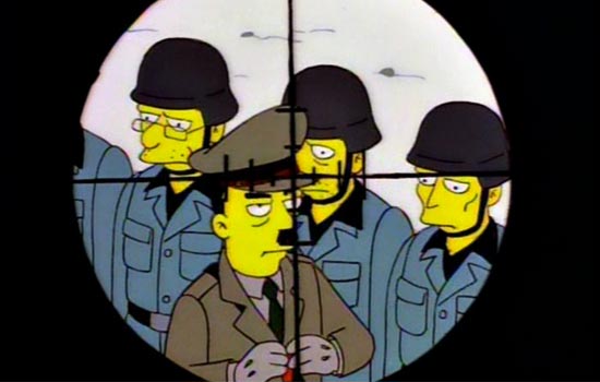  Since all “World Of Springfield” playsets have spots for three action figures. The natural third banana should be Abe’s sniper target, The Fuhrer himself. 