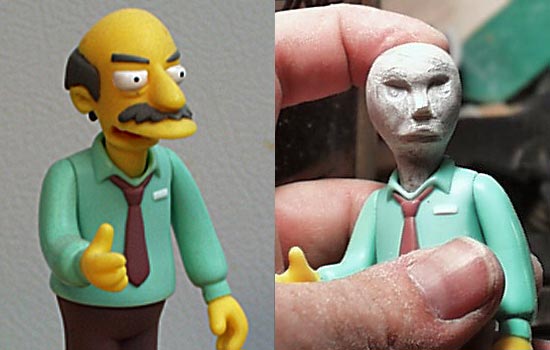  For a base figure, I started with a character called “Sarcastic Man”. I soaked the figure in boiling water to soften the joints and then popped off the head. I molded a rough head out of Aves epoxy putty on a screw and once that dried, carved in the