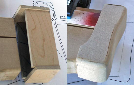  The butt plate started as a simple MDF box and was shaped on the belt sander to smooth all the edges. 