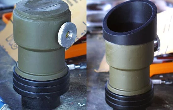 I painted the rear scope body and added a screw knob I found in the “screw can”. The assembled rear scope. The “lens” is held in place by the PVC eyepiece.