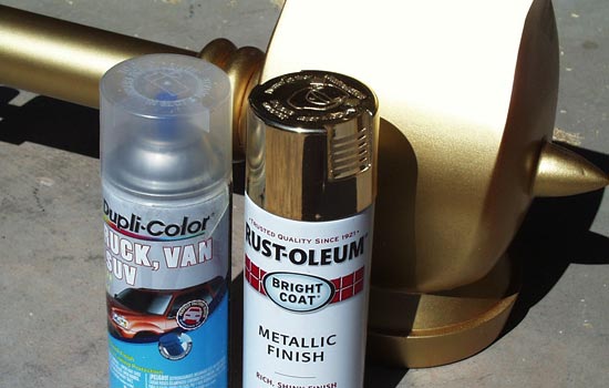  After MANY coats of automotive primer, I painted all the parts with Rustoleum Gold paint. Unfortunately the metallic gold is very prone to scuffing so I coated it with Dupli-color automotive Clear Coat. It dulled the finish a bit but not too badly. 