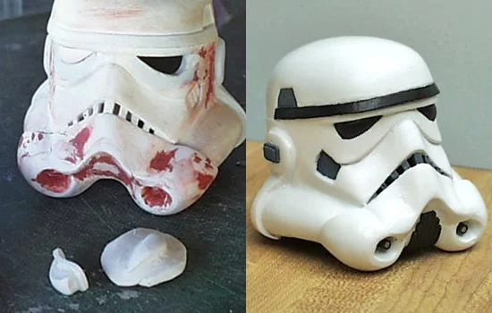 I had to completely reshape the eye holes with epoxy putty. I pushed Sculpey through the eye holes from the inside and sanded the lenses round.