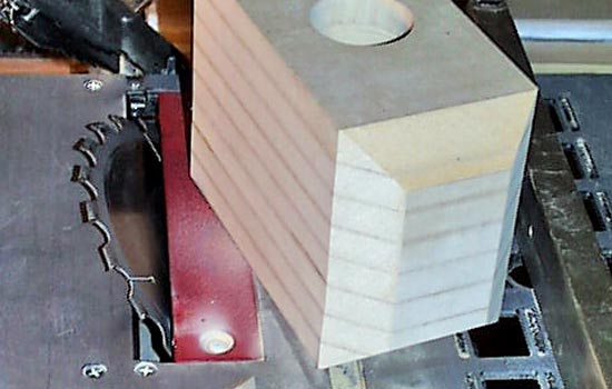 The bevels of the hammer were cut by tilting the table saw blade 45 degrees.