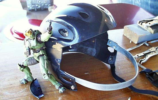  I screwed on a strip of steel for the jaw portion of the helmet 