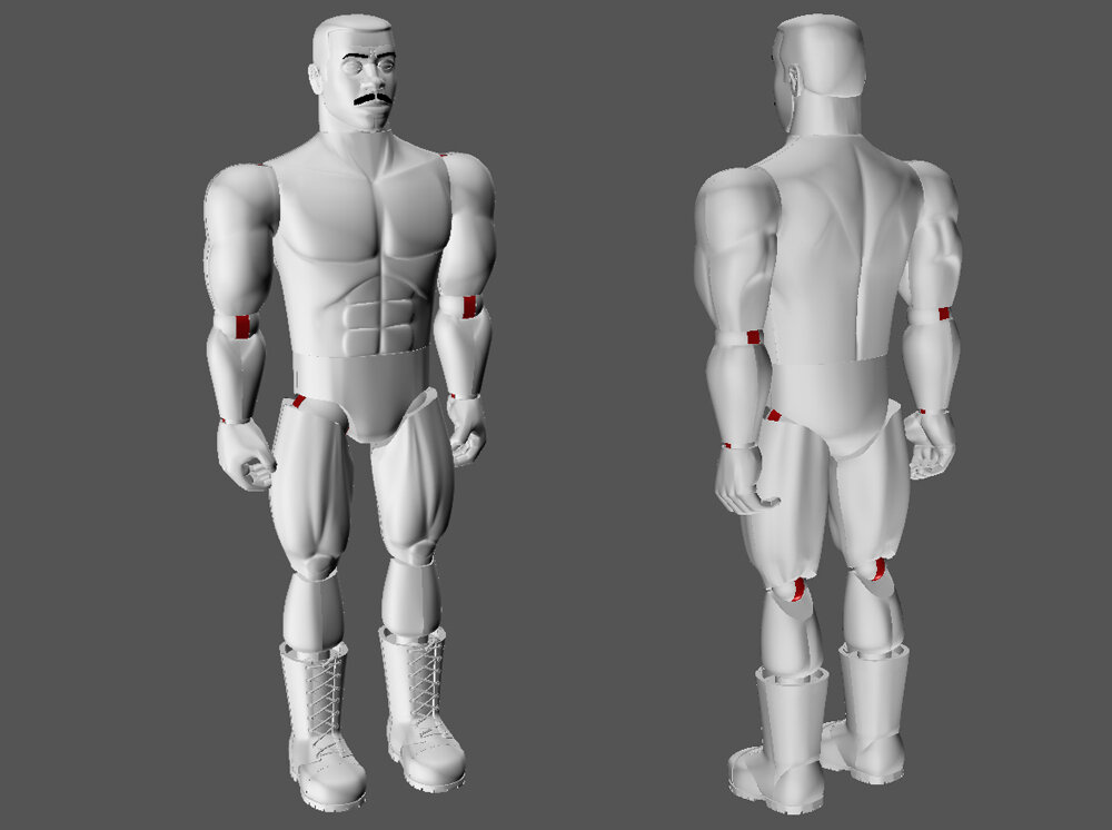  I eventually decided to compromise and remodel the joints to use elastic at the shoulders and hips since those were the areas with least mobility. Knees, elbows and wrists would have modified joint hardware to make it easier to build. 