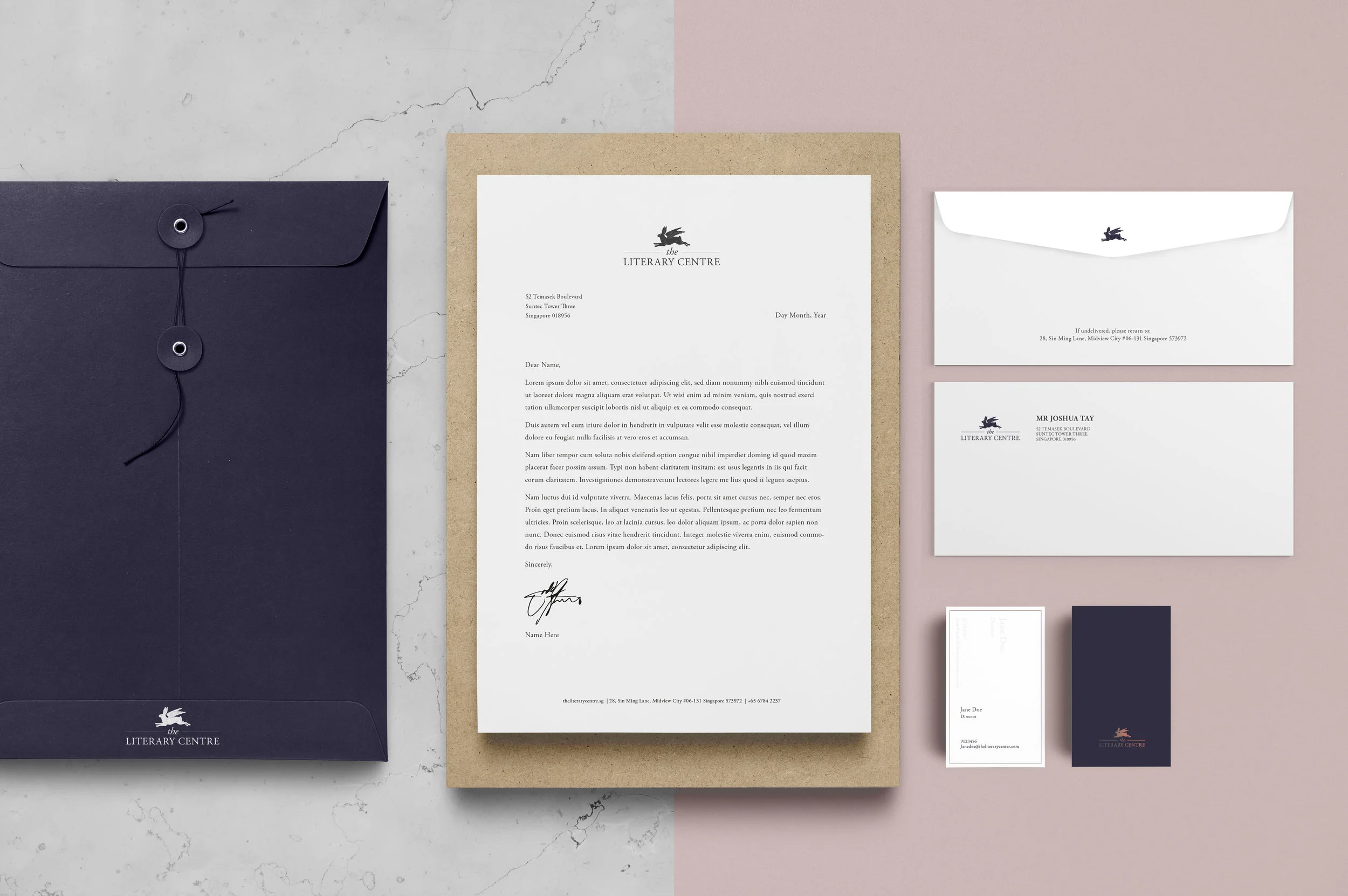 Blue Palette: Dark blue, white and off-white Embossed name-card with rose gold foiling