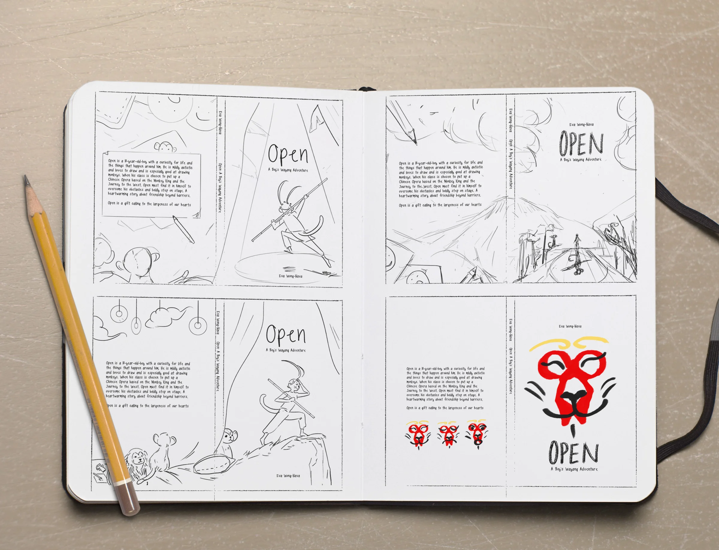 Initial proposals. They play with the idea of Benjamin heading off for an adventure, bravely stepping onto the stage or combining Ben's emotion cards with the iconic monkey king makeup.