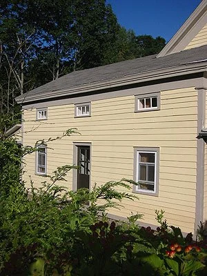 A yellow house with gray roof, multiple small windows, and a black door, surrounded by greenery and trees in the background.