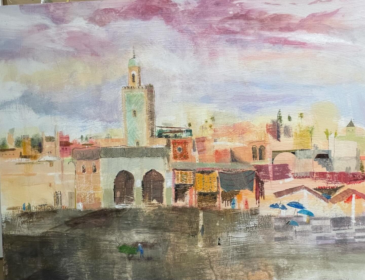 Today&rsquo;s post: almost finished with &ldquo;Marrakesh&rdquo;. Plugging away. 
#marrakesh #morocco #moroccoan #landscapepainting #landscapeart #travelart #travelers #travel #cities #cityscape