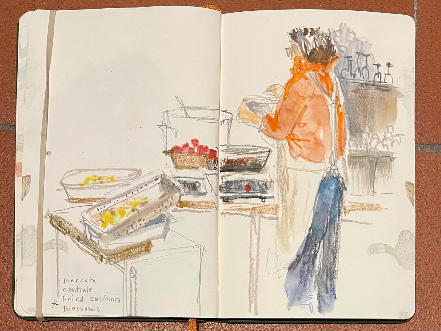 Today&rsquo;s post: the chef of the squash blossoms. Stumbled into the central market and had to binge on these fried zucchini blossoms. Then I had to draw the chef. Swipe to see the short video I got of him passing out samples. 
#squash #squashbloss