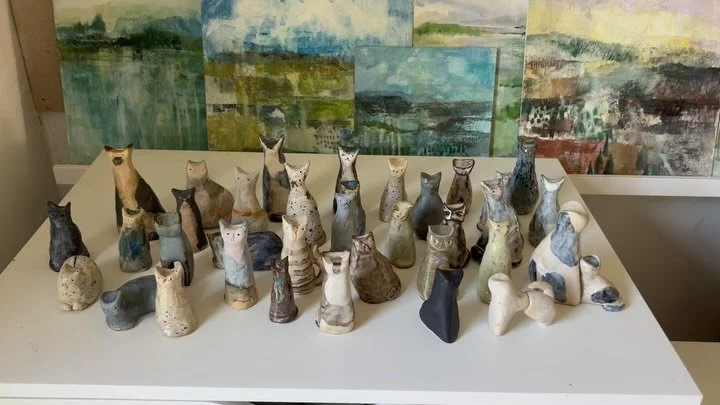 Some of my kitties are back home! And with color (now that they are glazed) :)
They have been watching me from afar, wondering when I&rsquo;m going to get them into the fancy condo I&rsquo;ve been making for them out of wooden boxes. Stay tuned for t