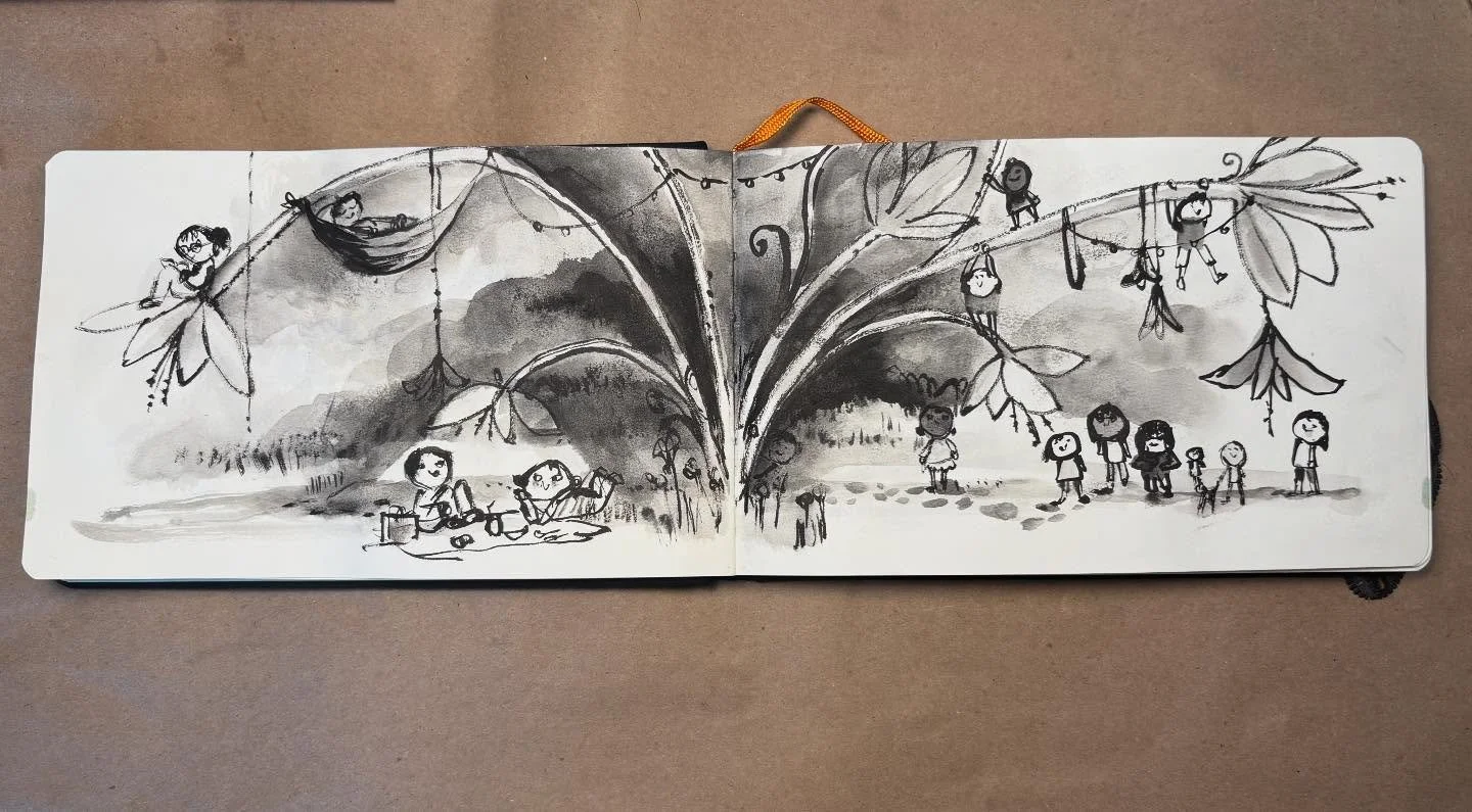 Some sketchbook playing around with the little kiddos in a garden. 
#sketchbook #inksketch #gardenkiddos #sketchbooking #kidlit #kiddos #childrensbook #gardenkids #kidcharacters #blackandwhitekids #blackanandwhitesketch #bigflowers #flowers #children