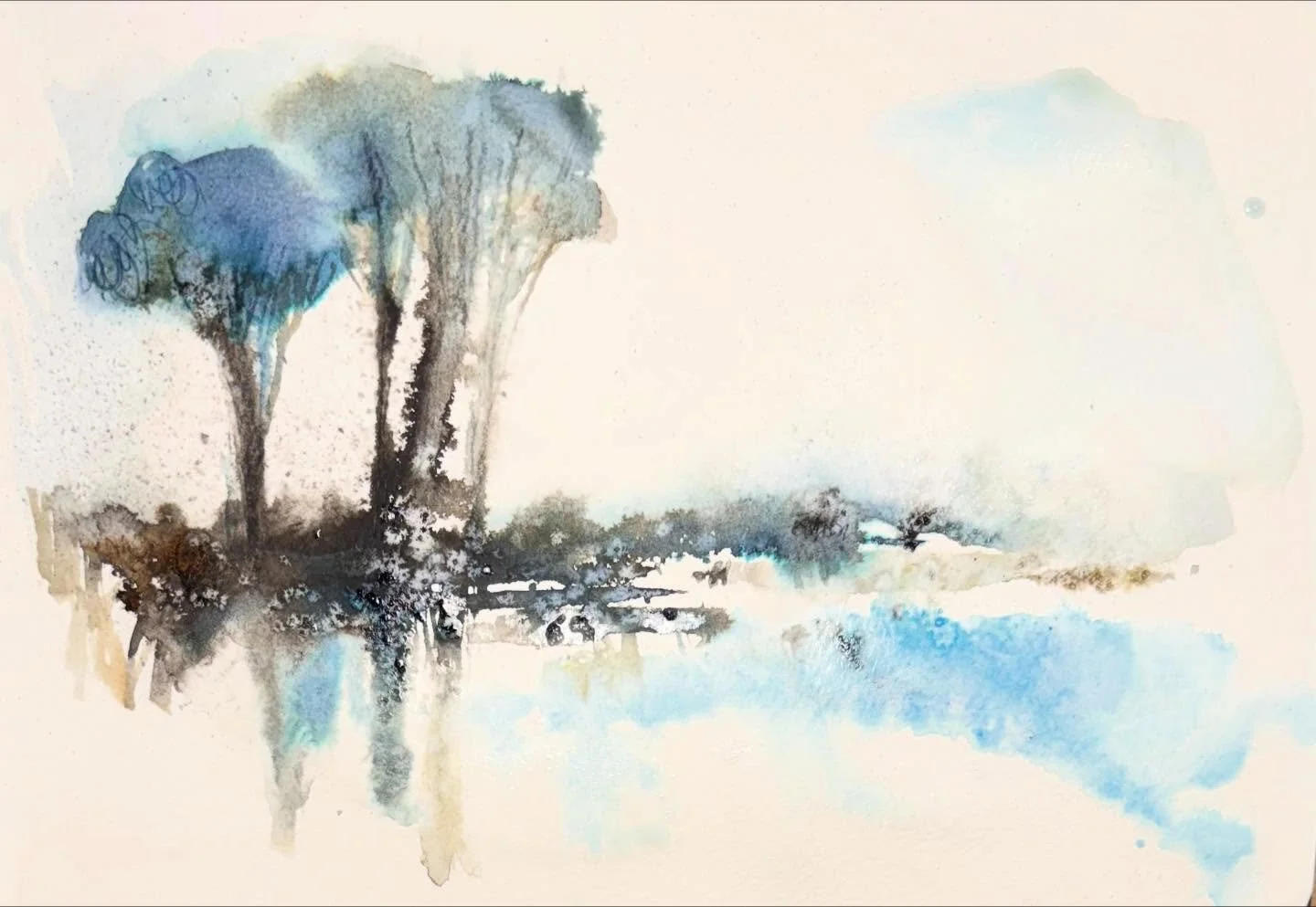 Winter unfolding.  A few starts and stops. 
#winter #winterlandscape #bluewintee #blueandbrown #watercolor #watercolorlandscape #watercolortrees #loosewatercolor #landscapemood