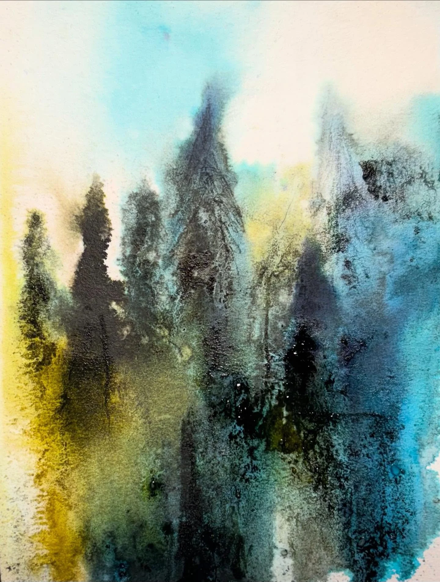 Pines in the distance. 
#fading #bluelandscape #looselandscape #treescape #blues #watercolorlandscape #inks #inklandscape