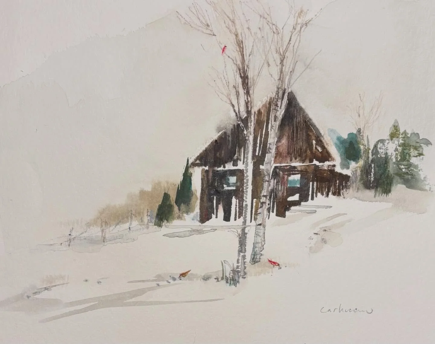 Winter cabin. 
#winter #cabin #snow #winterwonderland #snowycabin #snowyday #cabininthewoods #houseinthewoods #cardinals #wintertrees #whitepage #whitespace #winterwhite