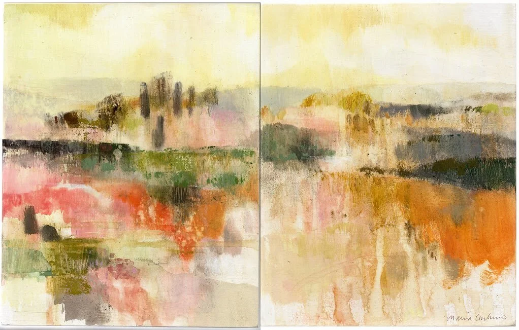 &ldquo;Warmer days&rdquo;. Back into some landscape painting. I wanted to try working on two paintings at the same time but it ended up becoming a diptych. 
#diptych #warmer #warmcolors #abstractlandscapepainting #landscapeart