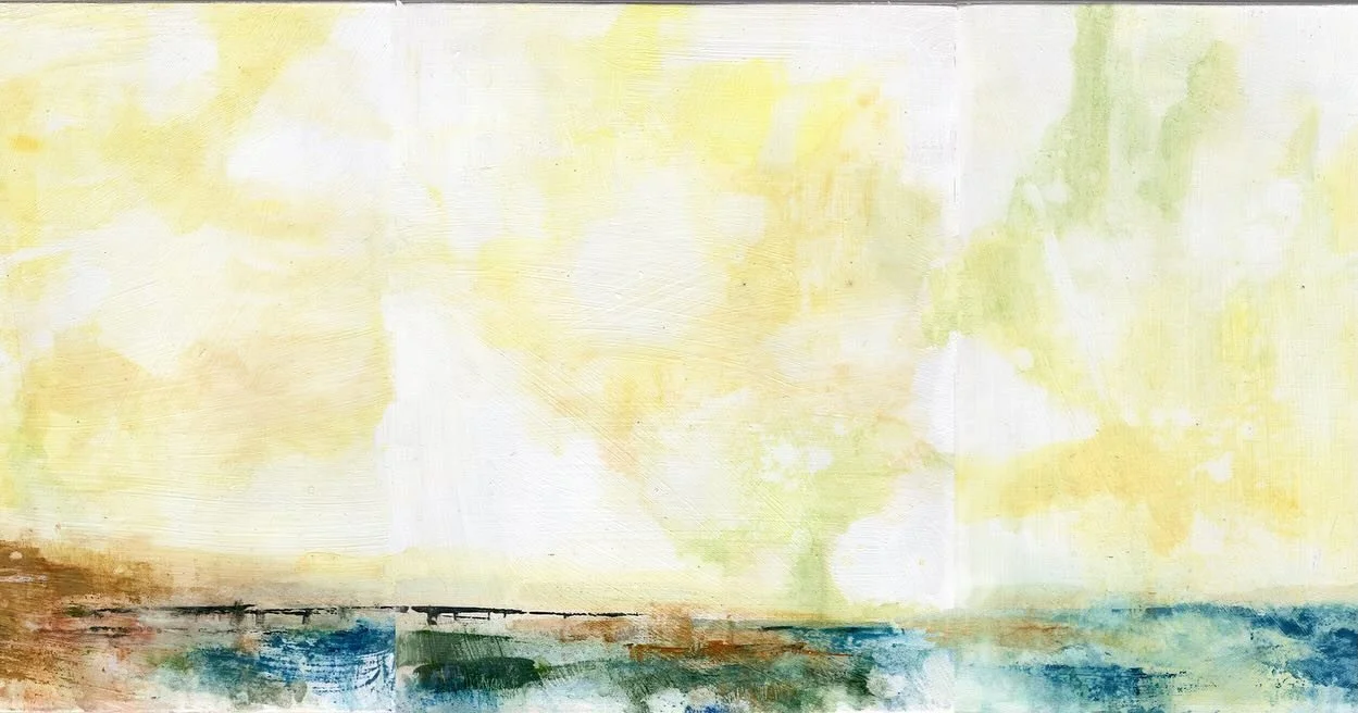 I find myself searching for yellow, a color of warmth..in this bitter cold weather, and in these dark days. So much weight in the world, we need all the bits of yellow we can get. 
This 3 panel piece has a tiny bridge- to me a symbol of hope and conn