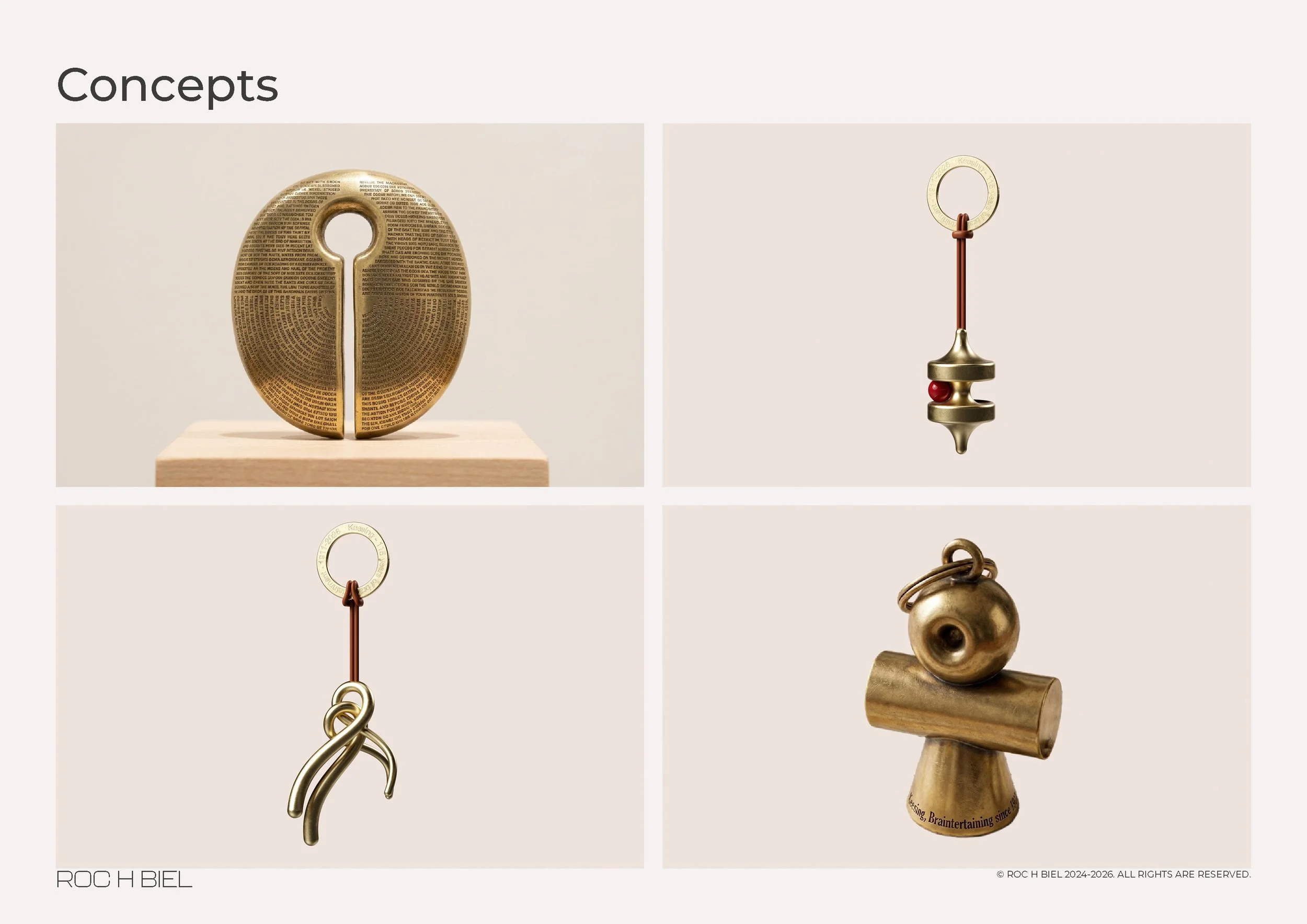 Four images of metallic objects with intricate designs, including a padlock-like object, a ring, a hanging ornament, and a bell, displayed on plain backgrounds.