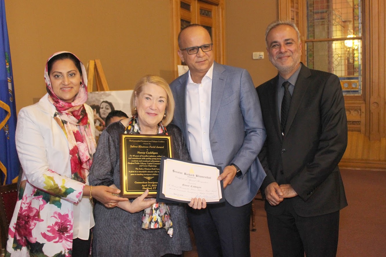 Award recipient Nancy Caddigan with Tariq & Asma Farid and State Sen. Saud Anwar