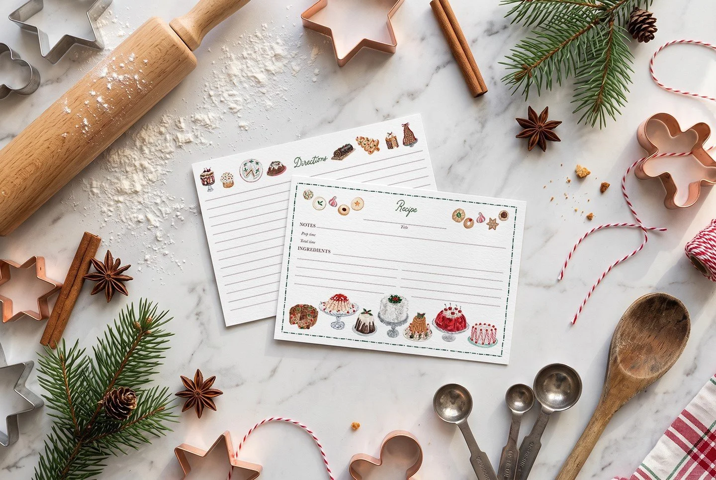 Christmas recipe cards decorated with watercolor vintage holiday desserts and cookies, back lined directions side