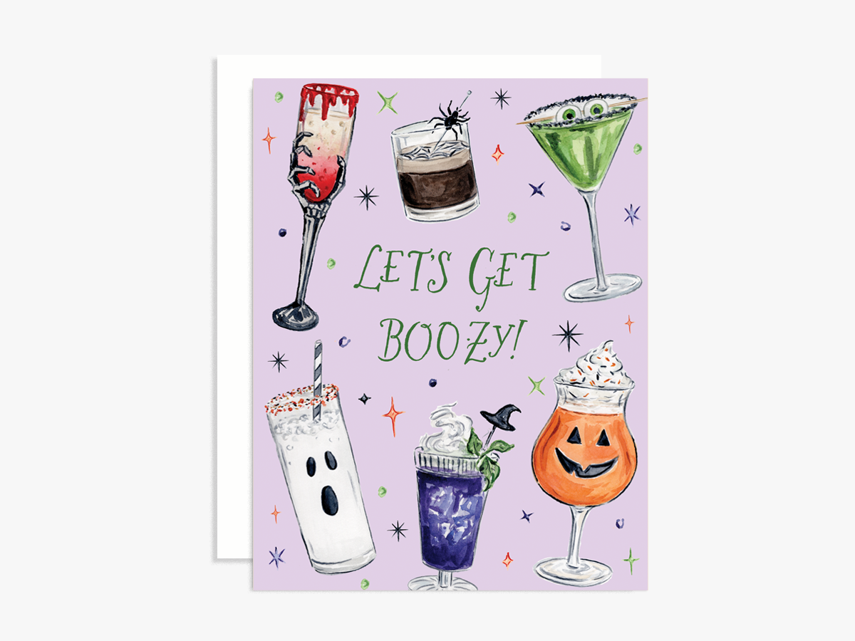 Let's Get Boo-zy card featuring spooky cocktails on lavendar