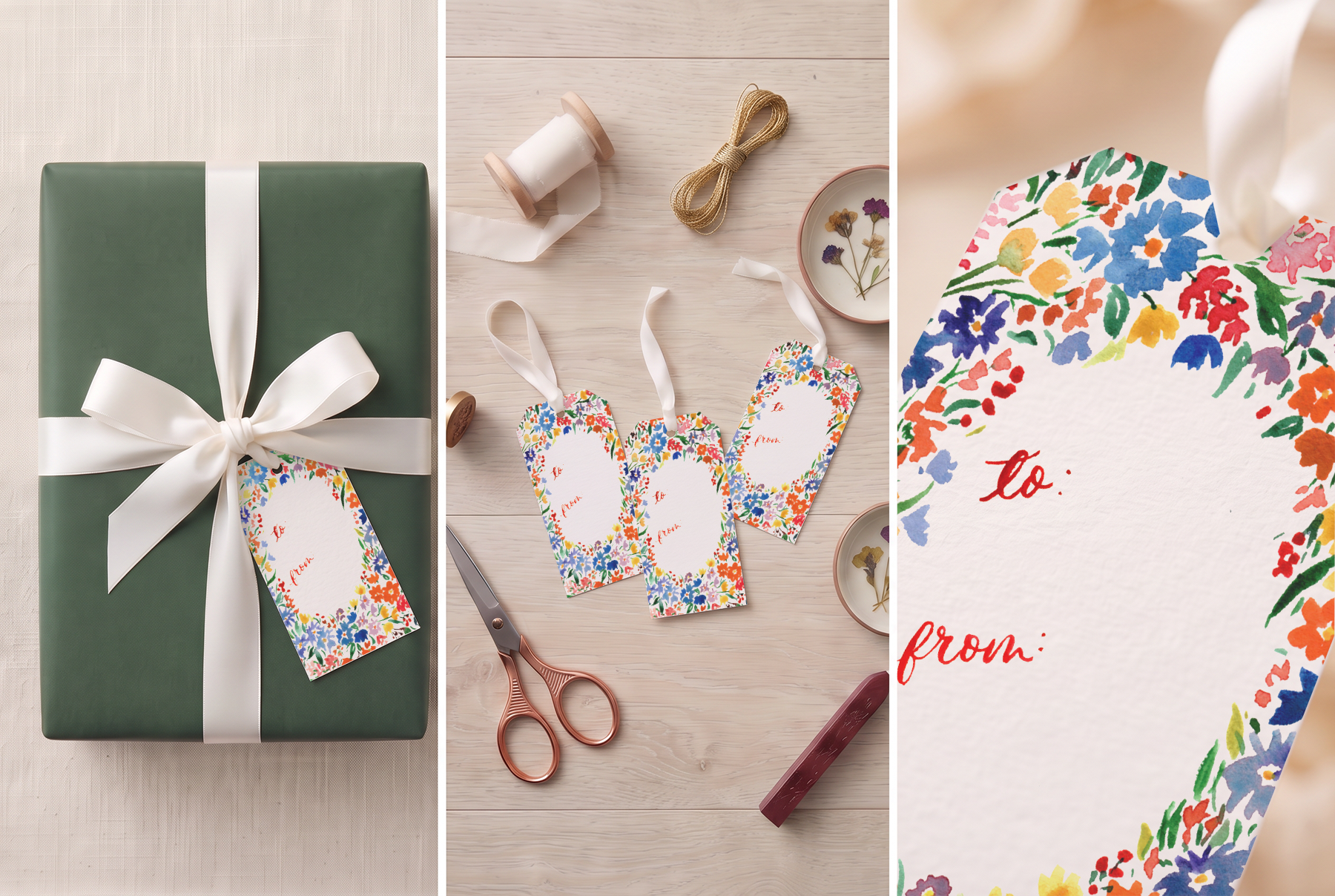 Colorful Watercolor Floral Gift tags by The Scribblist with bright flowers and to and from sections shown up close, on a wrapped gift, and on a table with wrapping materials