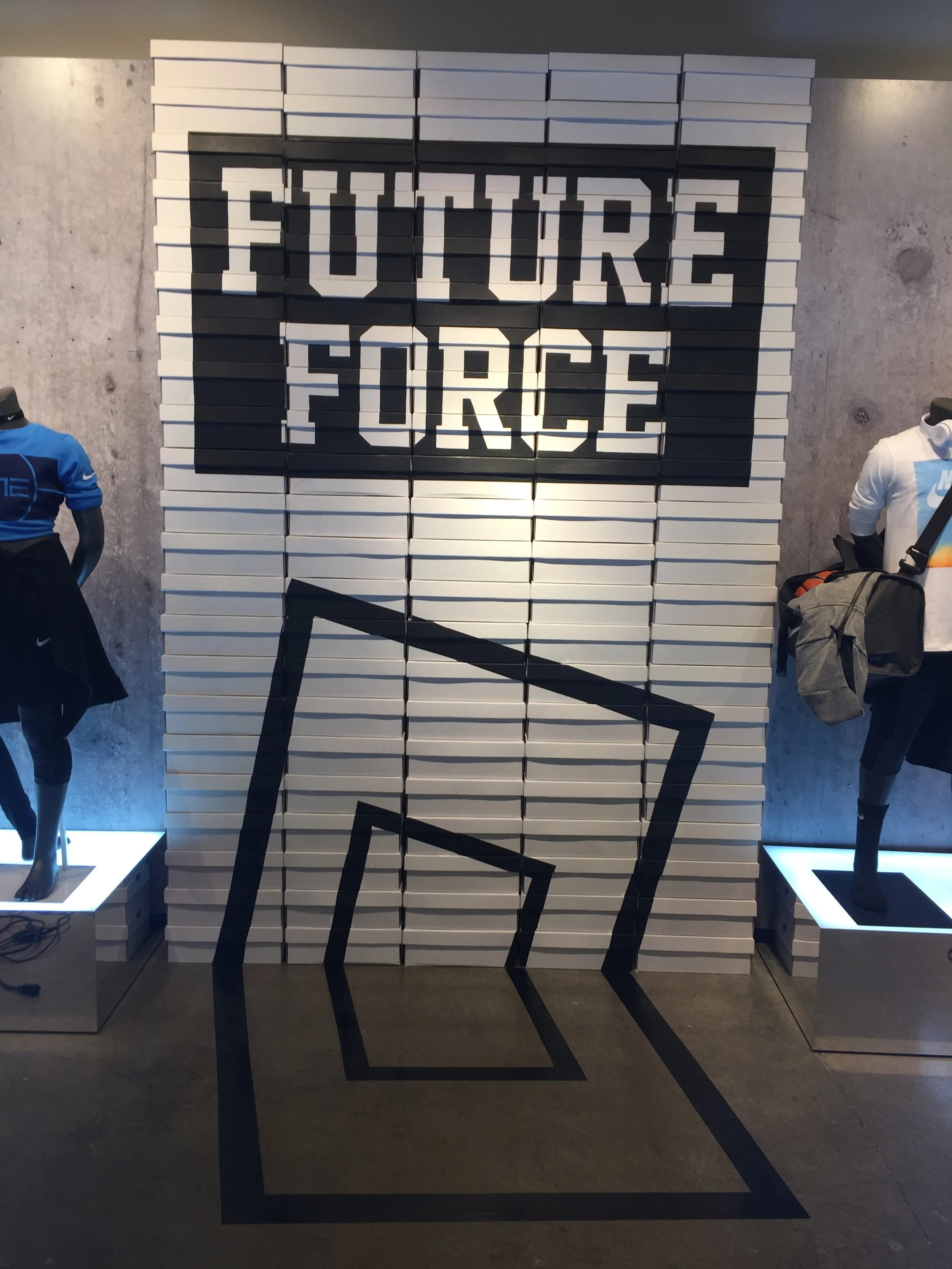 Mural on shoeboxes at Nike World Headquarters with the words Future Force depicted by Oregon artist Amanda Donahue of The Scribblist
