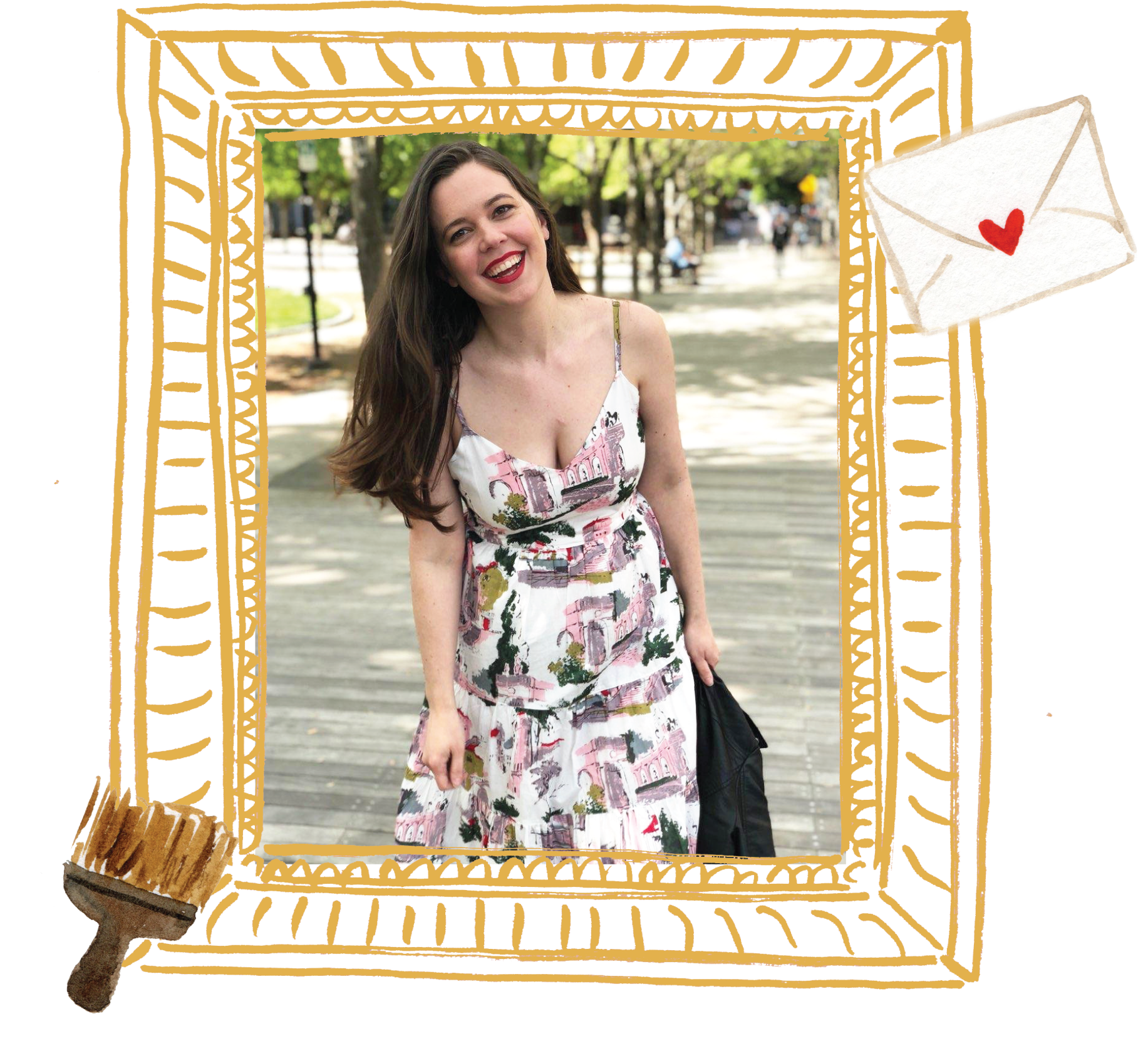 Oregon artist Amanda Donahue of the Scribblist in an illustrated dress, with a hand-drawn frame and watercolor icons of an envelope and paint brush.
