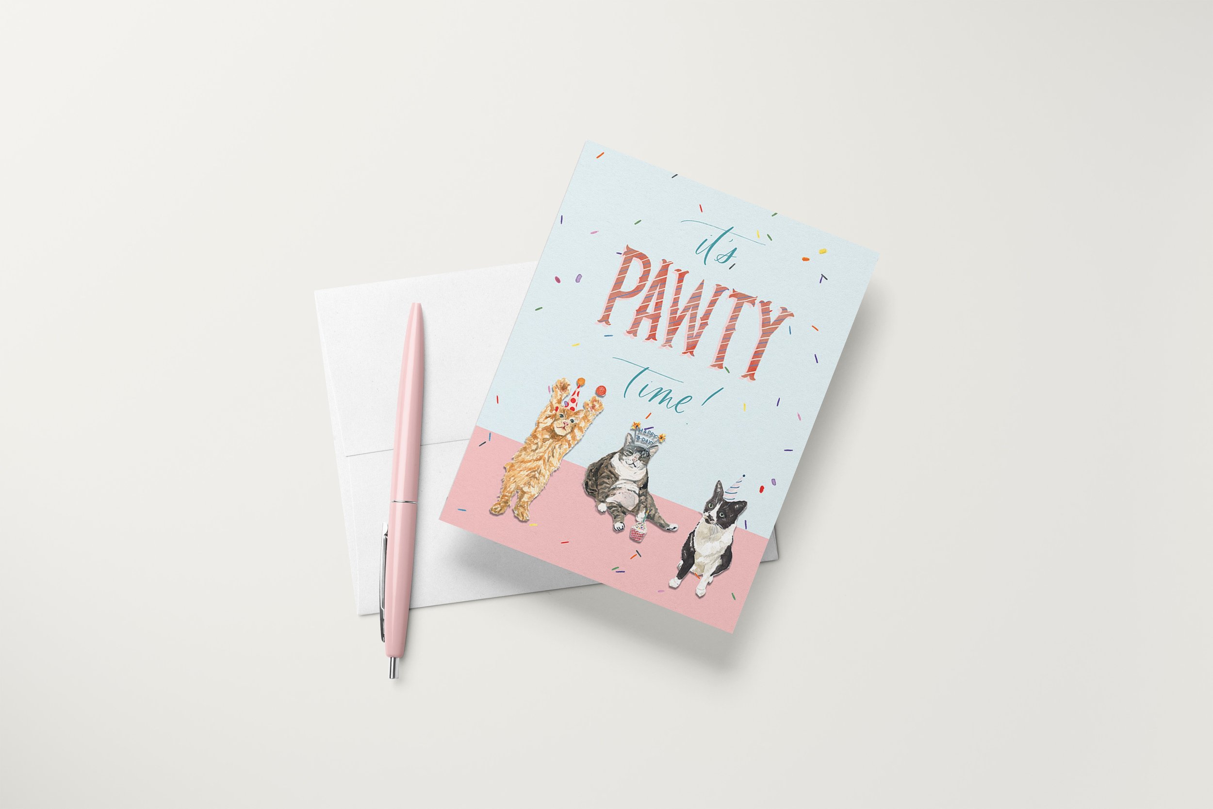 Pawty Time Cats Card Mock with Pen.jpg