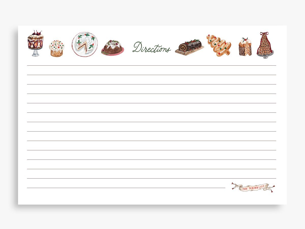 Christmas recipe cards decorated with watercolor vintage holiday desserts and cookies, with a lined directions side