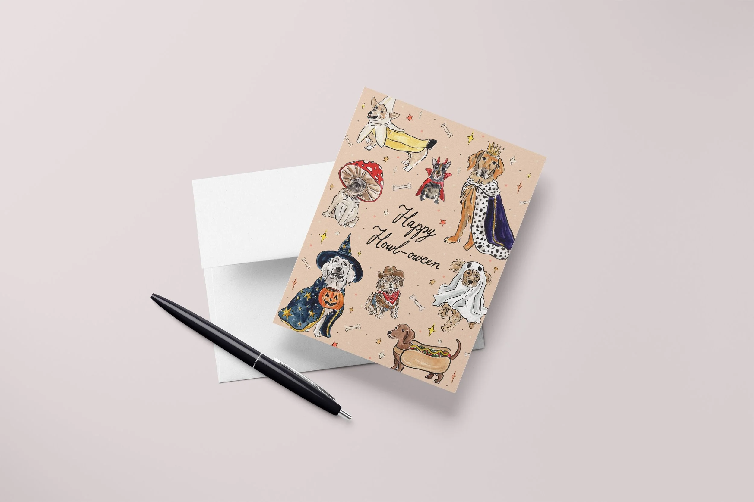Happy Howloween Dogs in Costumes Card Mock with Pen.jpg