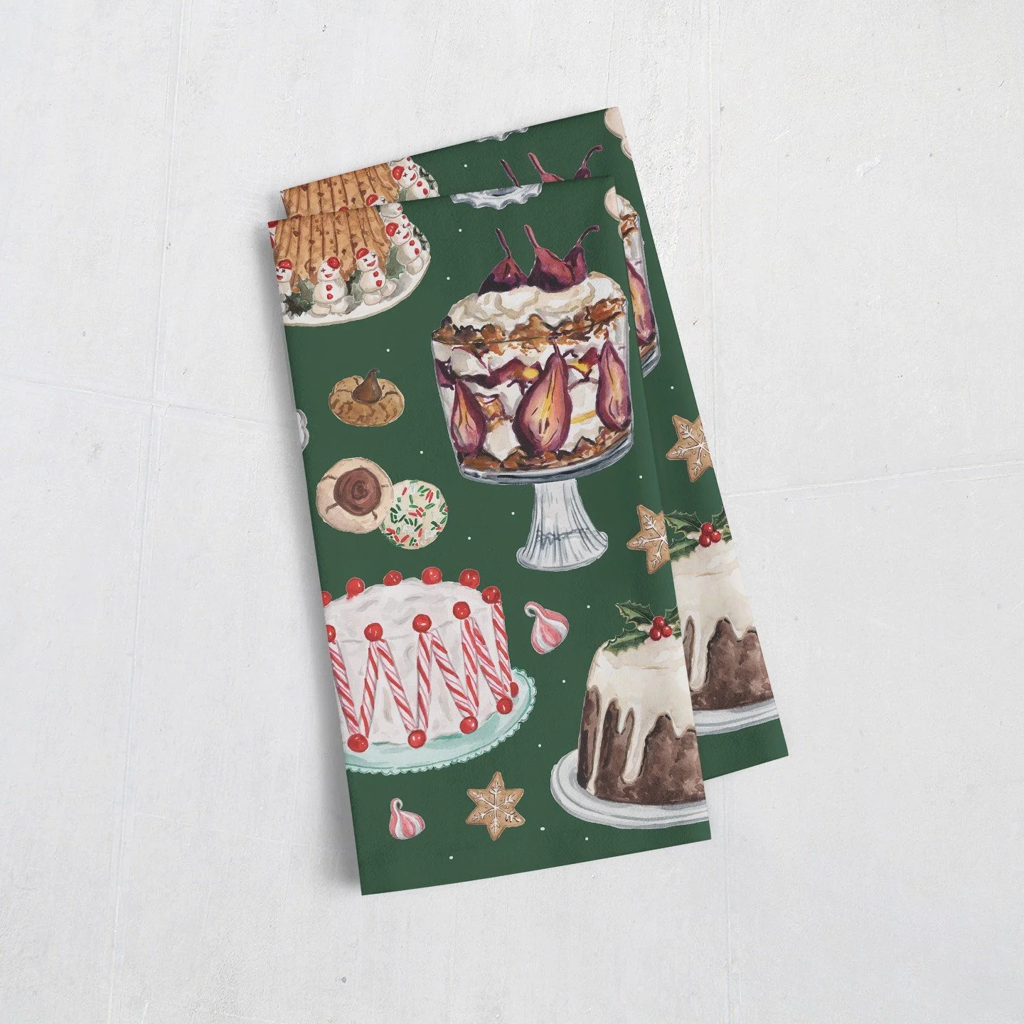 Vintage Christmas Desserts Tea Towel shown folded