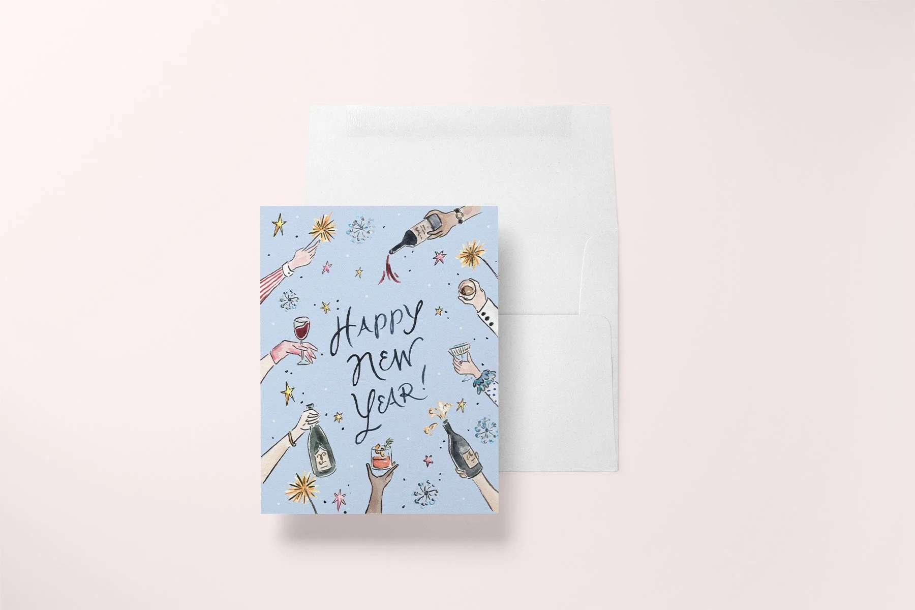 Watercolor Happy New Year greeting card with envelope