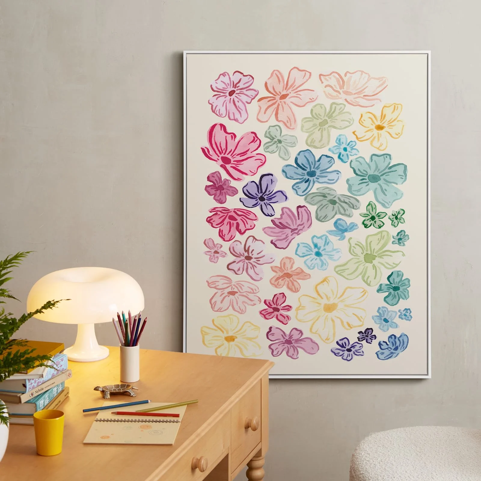 Watercolor flower art print in rainbow colors for Minted by Oregon artist Amanda Donahue of The Scribblist