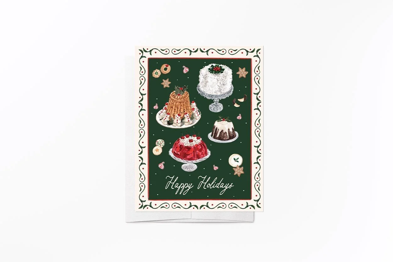 Happy Holidays card by The Scribblist with watercolor vintage holiday desserts, including a coconut cake, cherry gelatin mold, Christmas pudding and cookies on a deep green background with a cream vin