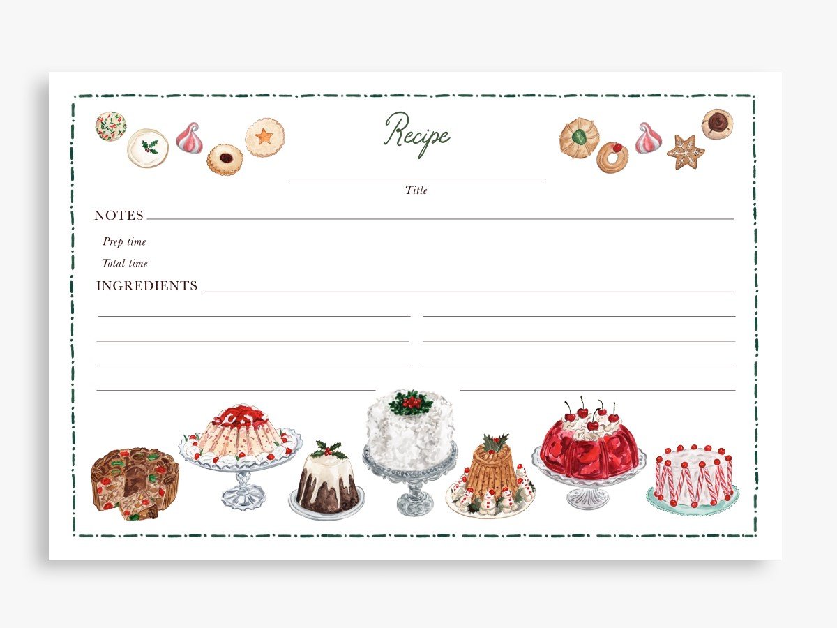 Christmas recipe cards decorated with watercolor vintage holiday desserts and cookies by The Scribblist, front side