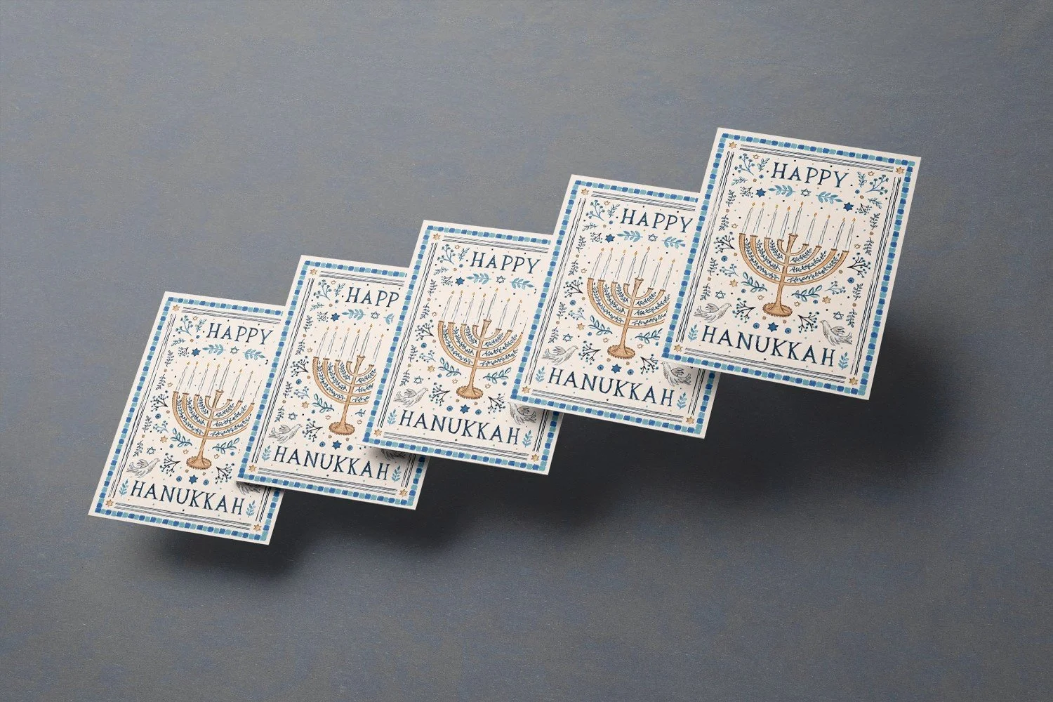 Set of 5 Watercolor Menorah Happy Hanukkah Cards by The Scribblist on a navy background
