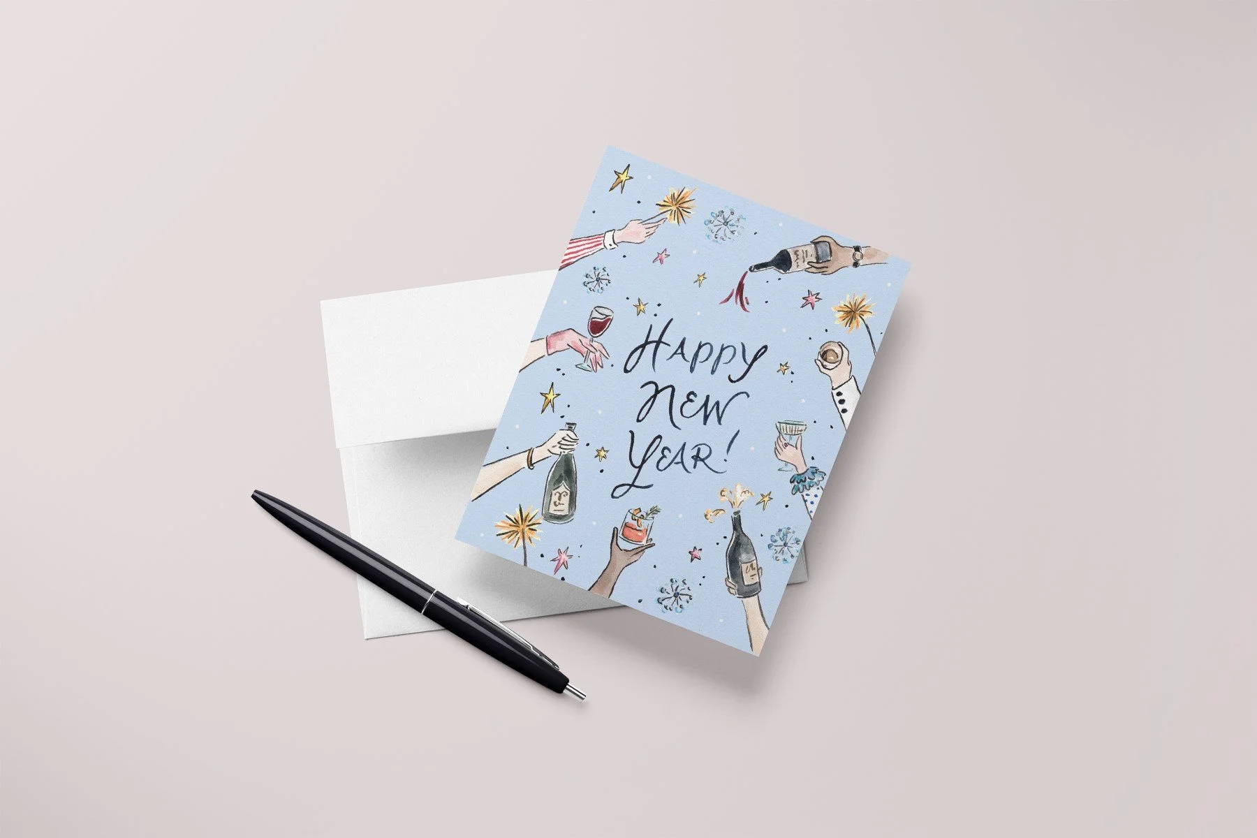 Watercolor Happy New Year greeting card with pen