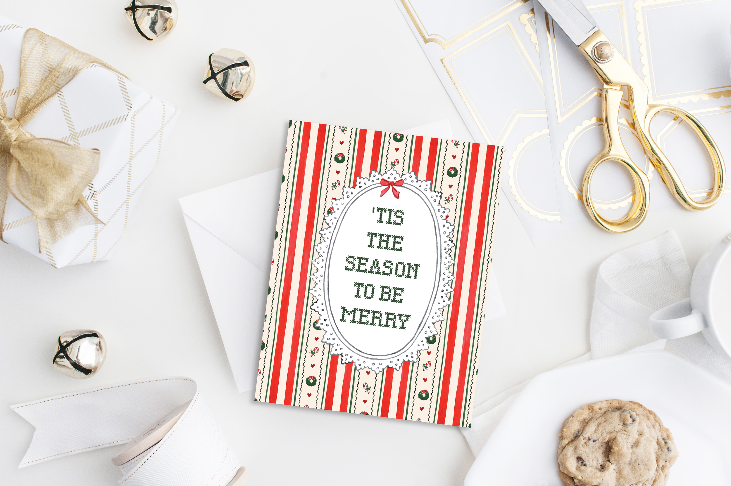 Vintage-style Christmas card reading 'Tis the Season to Be Merry with Christmas accents