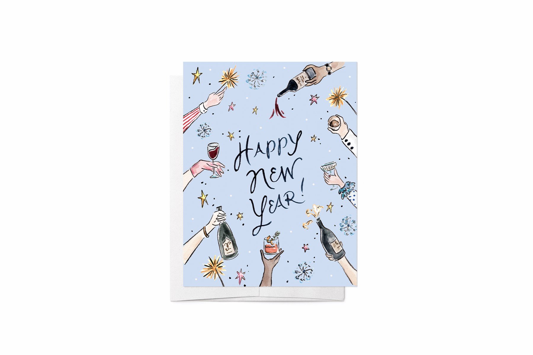Watercolor Happy New Year greeting card with hands raising champagne, wine glasses and cocktails, sparklers and stars on a periwinkle blue background